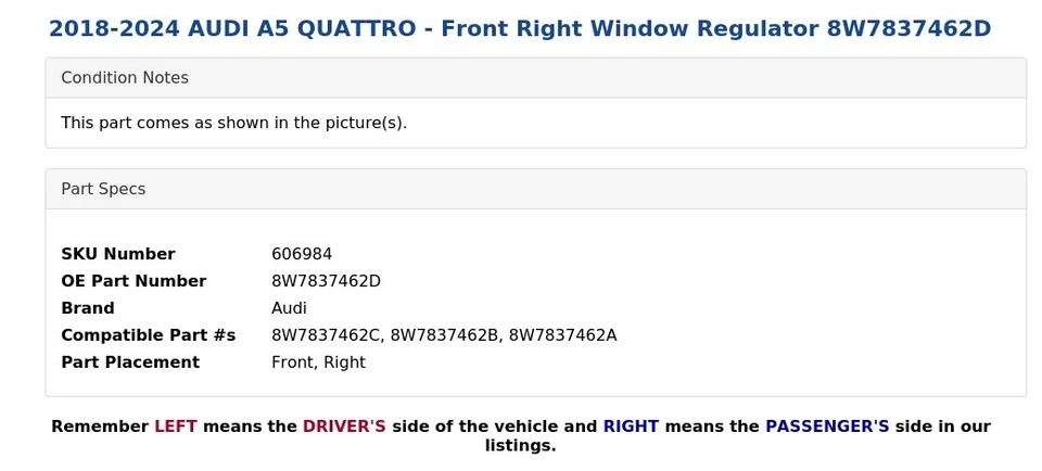 2018-2024 AUDI A5 QUATTRO - Front Right Window Regulator 8W7837462D - Image 3 of 4