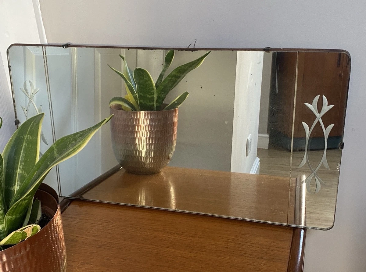 Vintage Art Deco Frameless Cut Glass Wall Mirror Etched Glass Design Timeworn
