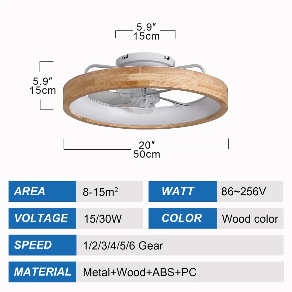 20" Ceiling Fan with LED Light Low Profile Flush Mount Wood Remote APP Control - Image 3 of 4