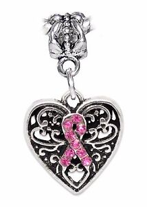 Antique Silvertone Breast Cancer Awareness Ribbon Charm with Pink Rhinestones for European Charm Bracelets