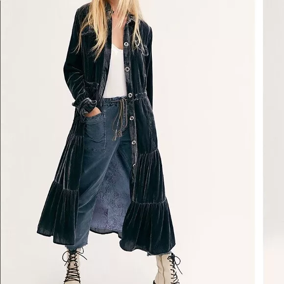 Free People Bella Donna Grey Velvet Duster Dress Or Coat size XS