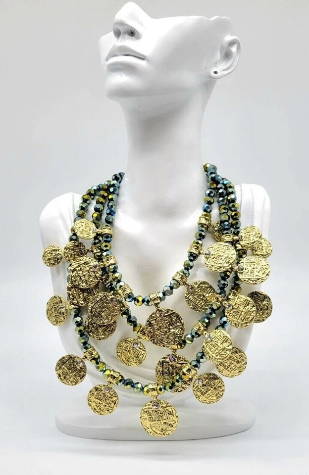 Heidi Daus Boho Deluxe Olive Green Swarovski Crystal Necklace w/ Gold Coins