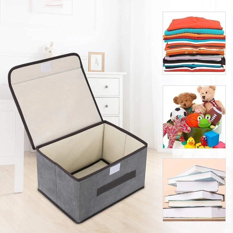3x Foldable Storage Boxes with Lid Collapsible Home Fabric Box Clothes Organizer - Image 4 of 4
