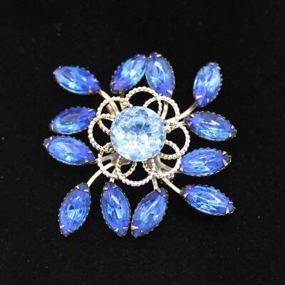 Blue Rhinestone Brooch Pin Silver Tone Swirl Rivets Austria