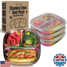 Stainless Steel Kids Plates with Lids - Durable Pack of 3 Metal Kids Plates -