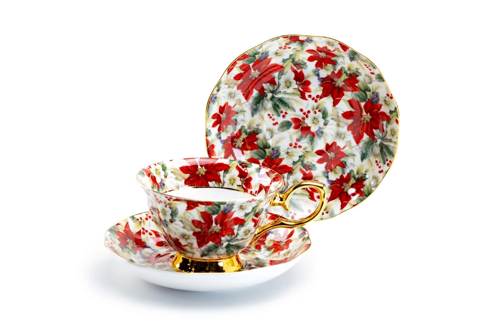 Grace Teaware Poinsettia Chintz Tea Cup and Saucer - Thumbnail 4
