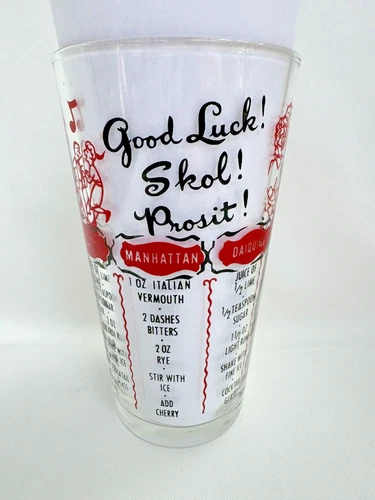 Vintage Federal Glass Cocktail Mixing Glass with Drink Recipes 6" Tall