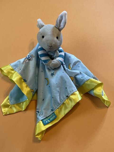 Goodnight Moon Baby Lovey Security Blanket Blue Yellow Satin Border Plush Bunny