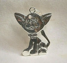 MJ Signed Jewelry Big Eared Cat Kitten Necklace Pendant Silver Tone e