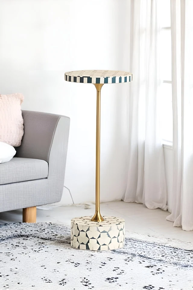 Bone Inlay Geometric Drink Table – Round Handmade Accent Table with Brass Accent - Image 3 of 4