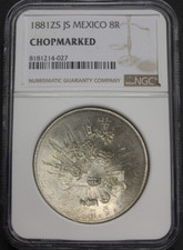 Moneda de plata 1881 ZS ZACATECAS 8 REALES NGC CHOPMARKED MEXICO ENSAYADOR JS