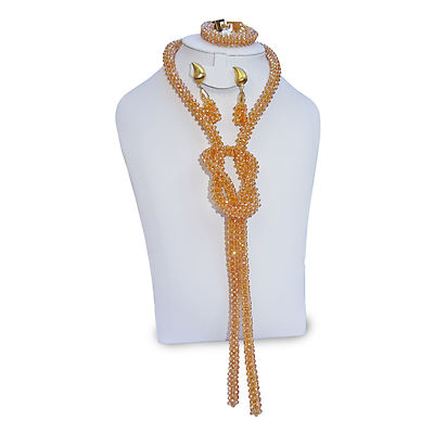 Champagner Gold Handarbeit Afrikanische Perlen Schmuck Komplettset Halskette Ohrring Br
