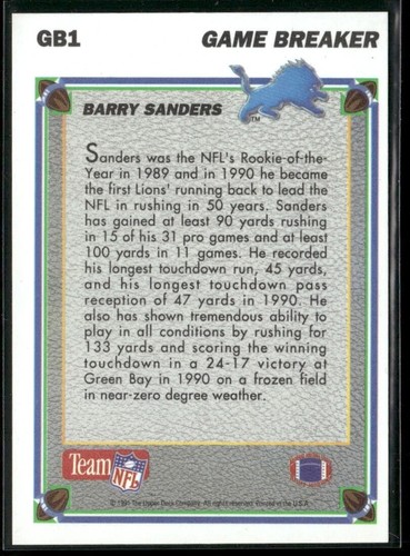 1991 Upper Deck Barry Sanders Game Breakers Detroit Lions #GB1 - Picture 2 of 2