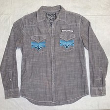 Affliction Shirt Mens L Slim Gray Buckle Black Premium Embroidered Button Up