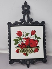 Vintage Cast Iron Trivet With Fruit Basket Print By Lodge Japan