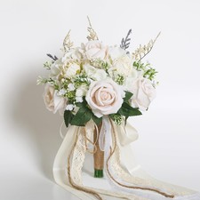 Wedding Bouquets for Bride Bridesmaid, White Champagne Artificial Roses Flowe...