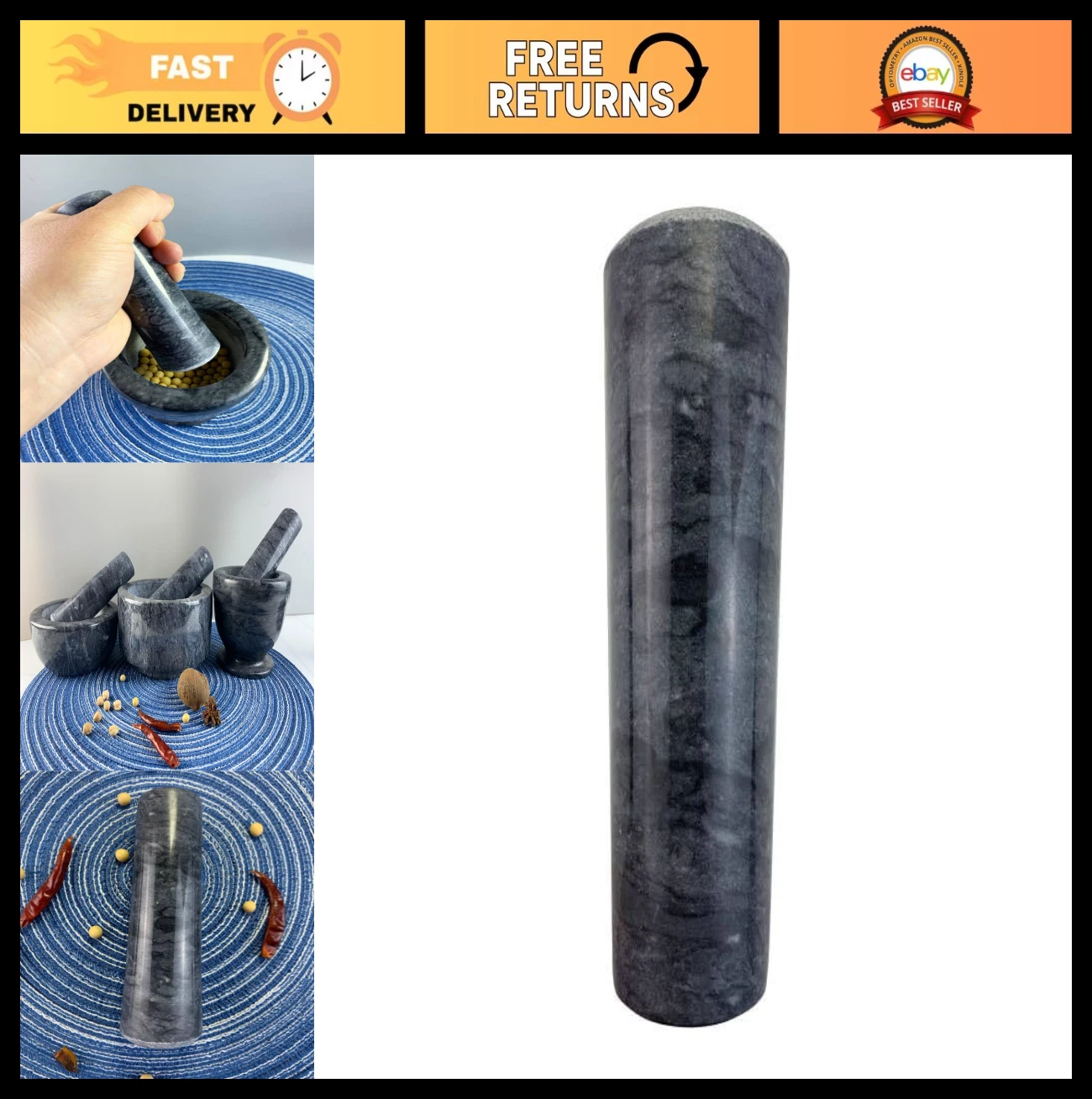 Polished Black Marble Pestle Replacement for Mortar - Granite Kitchen Tool