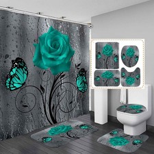 OLEBETY 4PCS Teal Rose Flower Shower Curtain Set, Waterproof Fabric Grey Show...