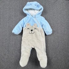 Wonder Nation Baby Bear Hooded Pram Suit 0-3M Blue Gray Fleece Bunting Babycore