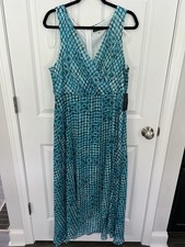 Tommy Hilfiger Blue Geometric A-Line Dress V-Neck Sleeveless Pleated 14
