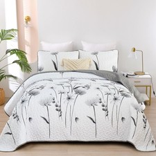King Size Quilt Set Floral,3 Pieces Grey  White Quilts Coverlet Flower