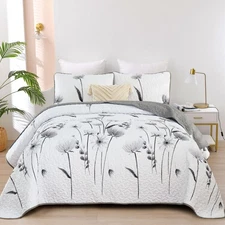 King Size Quilt Set Floral,3 Pieces Grey & White Quilts Coverlet Flower