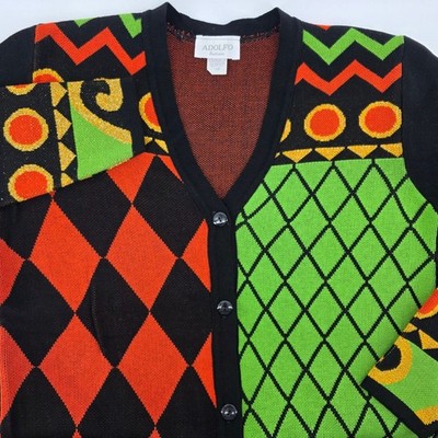 ADOLFO Exclusive Large Black Multi Color Argyle Diamond Geometric Knit Cardigan