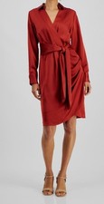 Tahari ASL Women's Red Collared Lined Long-Sleeve Wrap Dress Size 4