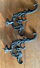 Set of 2 Antique Cast Iron Triple Hook Ornate Victorian Figural Hat Coat Hangers