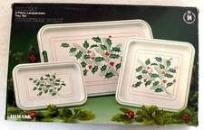 Vintage 1985 HIMARK 3-Piece Lacquerware Holiday Serving Tray Set Holly Japan