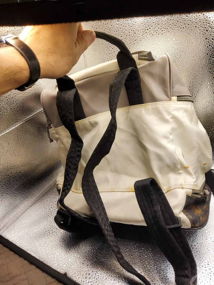 Chanel white nylon black&gray spott line backpack.v8ntage,old,very used.As is - Image 2 of 4