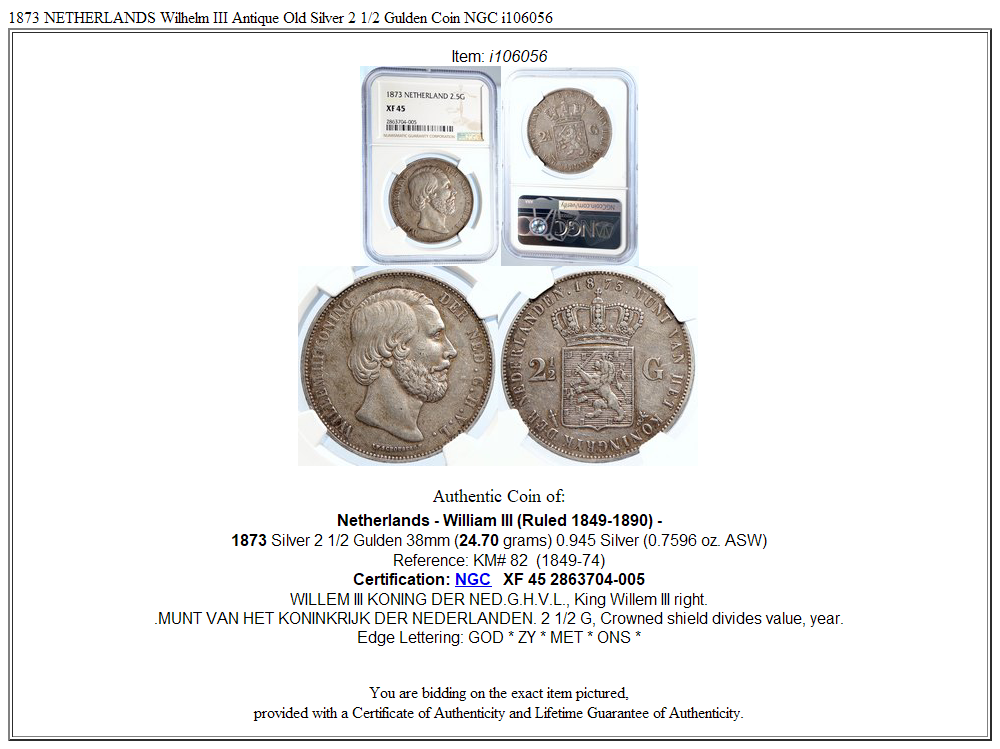 1873 NETHERLANDS Wilhelm III Antique Old Silver 2 1/2 Gulden 1873 NETHERLANDS Wilhelm III Antique Old Silver 2 1/2 Gulden