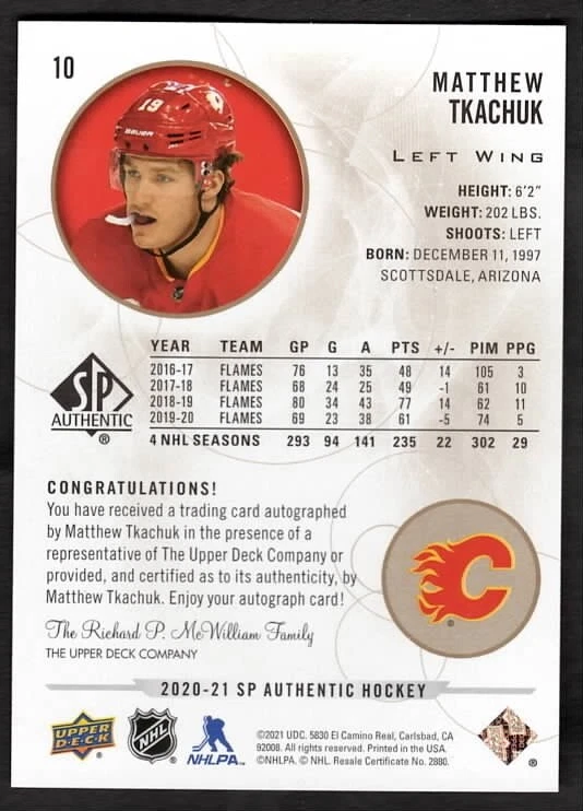 2020-21 Matthew Tkachuk Upper Deck SP Authentic Hockey On Card Auto Calgary #10 - Image 2 of 2