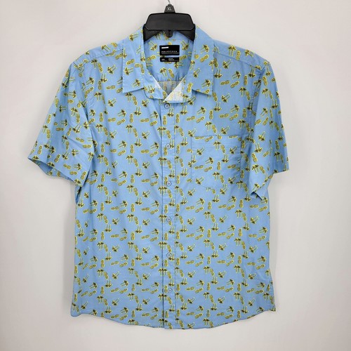 Public Opinion Shirt Mens Large Blue Yellow Pineapple Hawaiian Short