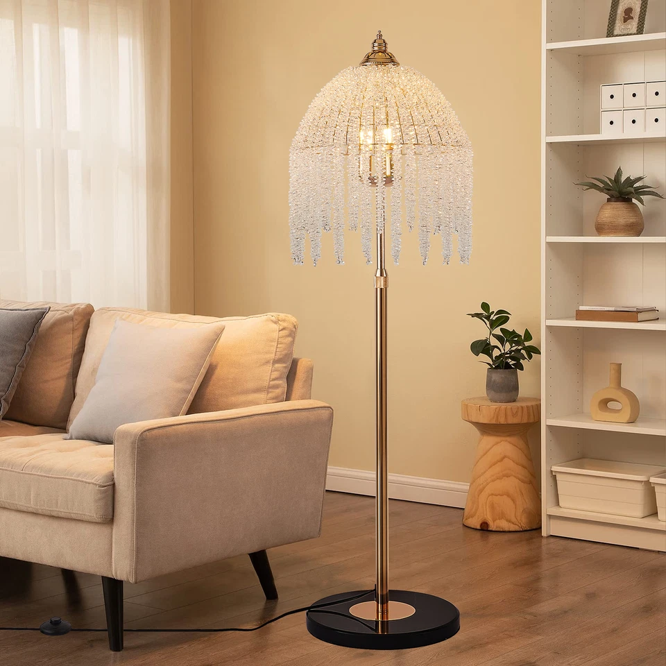 63'' Elegant Gold Crystal Floor Lamp w On-Off Foot Switch Living Room Lighting - Image 2 of 4
