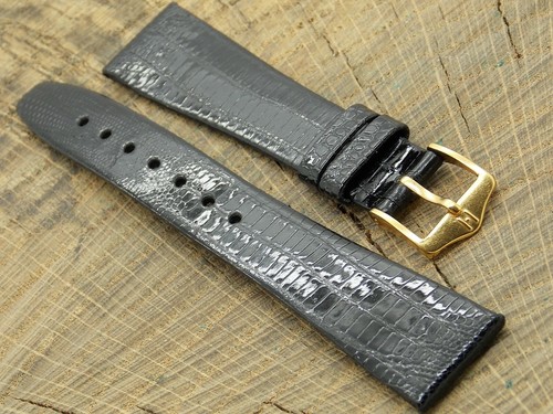 NOS 19mm Hirsch Black Reptile Watch Band w Gold Tone Buckle Vintage Unused - Picture 3 of 4