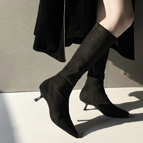 Womens Suede Square Toe Kitten Heel Stretched Knee Length Boots Chic Shoes - Bild 4 von 17