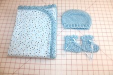 Flannel Baby Blanket SET Blue Polka Dot pattern with Crocheted Hat  Booties.