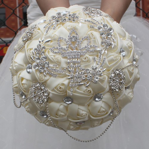 Crystal Pearls SILK Flowers HANDMADE Rose Wedding Flower Bridal Bouquet Brooch - Picture 3 of 21