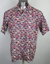 Mens Vintage Saks Fifth Avenue Shield All Over Print Crest Button Front Shirt L