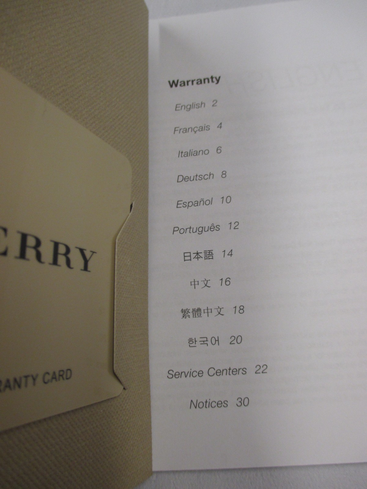 Burberry Watch International Warranty Card and 32 Page Warranty