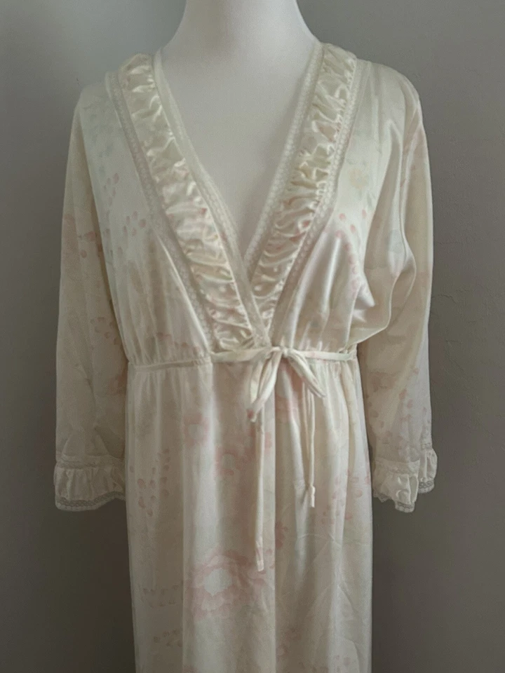 Lencería vintage años 70 JCPenney conjunto de 2 piezas marfil floral nailon camisón/bata-M Foto 3 de 4