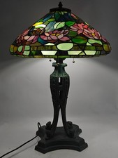 tiffany antique table lamp,colored glass lotus lampshade, bronze base, replica