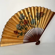 Vintage Asian Decorative Wall Fan Large Folding Wood Painted Floral Gold Tone
