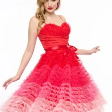 UNIQUE VINTAGE 1950S RED & PINK OMBRE TULLE CUPCAKE SWING DRESS Sz M