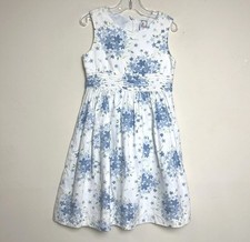 Vintage Gymboree Y2K 2001 Cotton Linen Blue White Floral Dress Large 5 Years