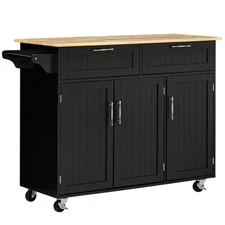 48" Kitchen Island Utility Rolling Cart w/ 2 Storage Drawers & 3 Cabinets, Black