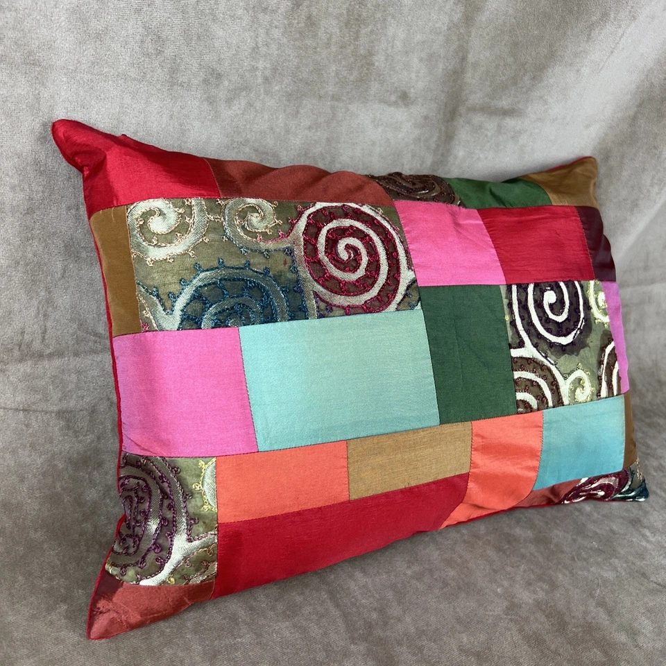 Crate & Barrel "Sabrina" Velvet Patchwork 12"x18" Down Throw Pillow & Cover - Image 2 of 4