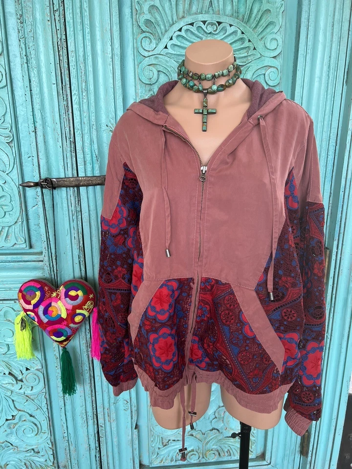 Chaqueta Free People Mediana Rosa Bordada Encaje Urraca Con Capucha Gran Tamaño M