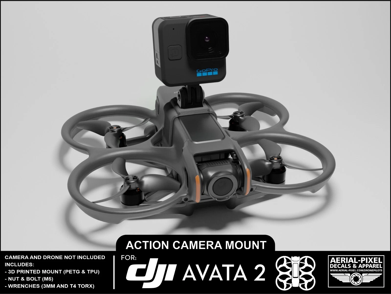 DJI Avata 2 GoPro Action Camera Mount 3D Printed PETG and